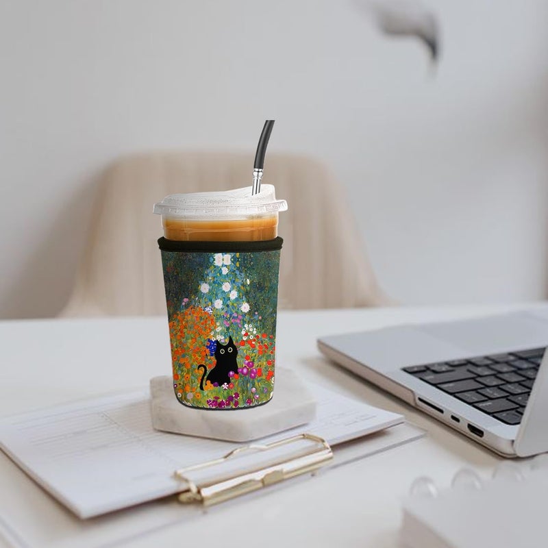 Haevola Reusable Insulated Neoprene Iced Coffee Cup Sleeve, Durable Drink Sleeve for Cold Beverages, Beverage Holder for Iced Coffee (Meow Blooms) - Image 2